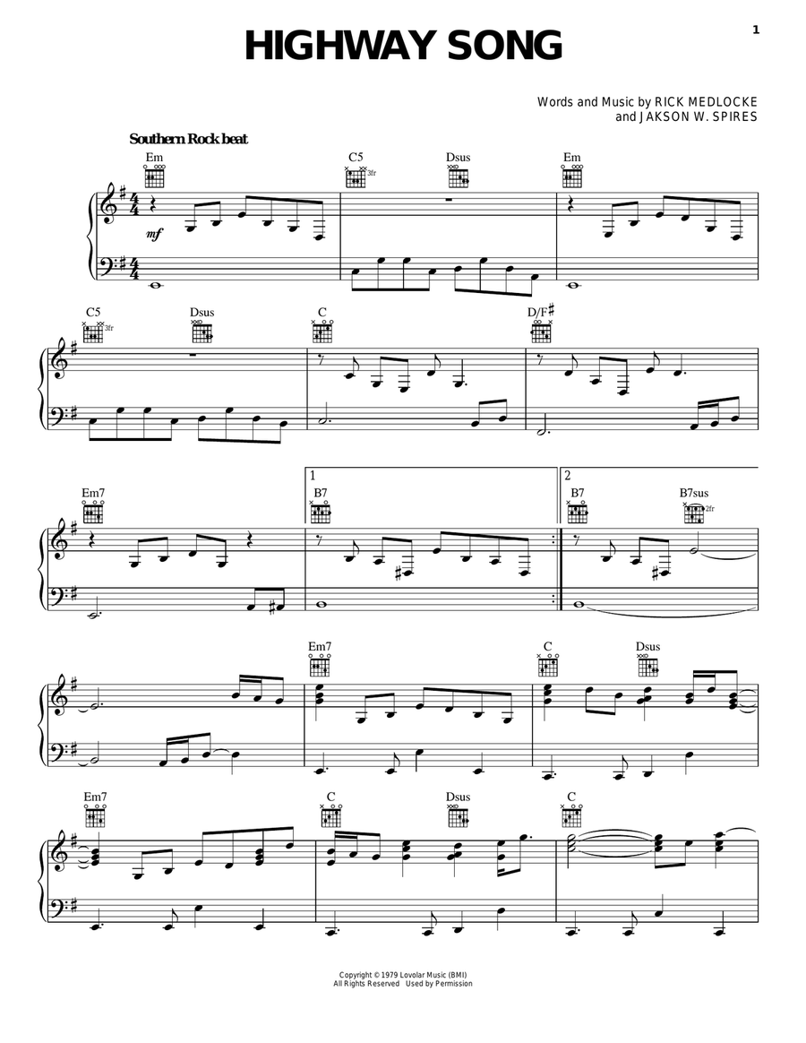 Highway Song Piano, Vocal, Guitar scores gallery preview page 1