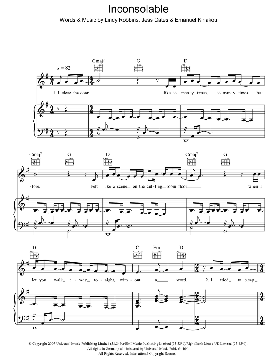 Inconsolable Piano, Vocal, Guitar scores gallery preview page 1