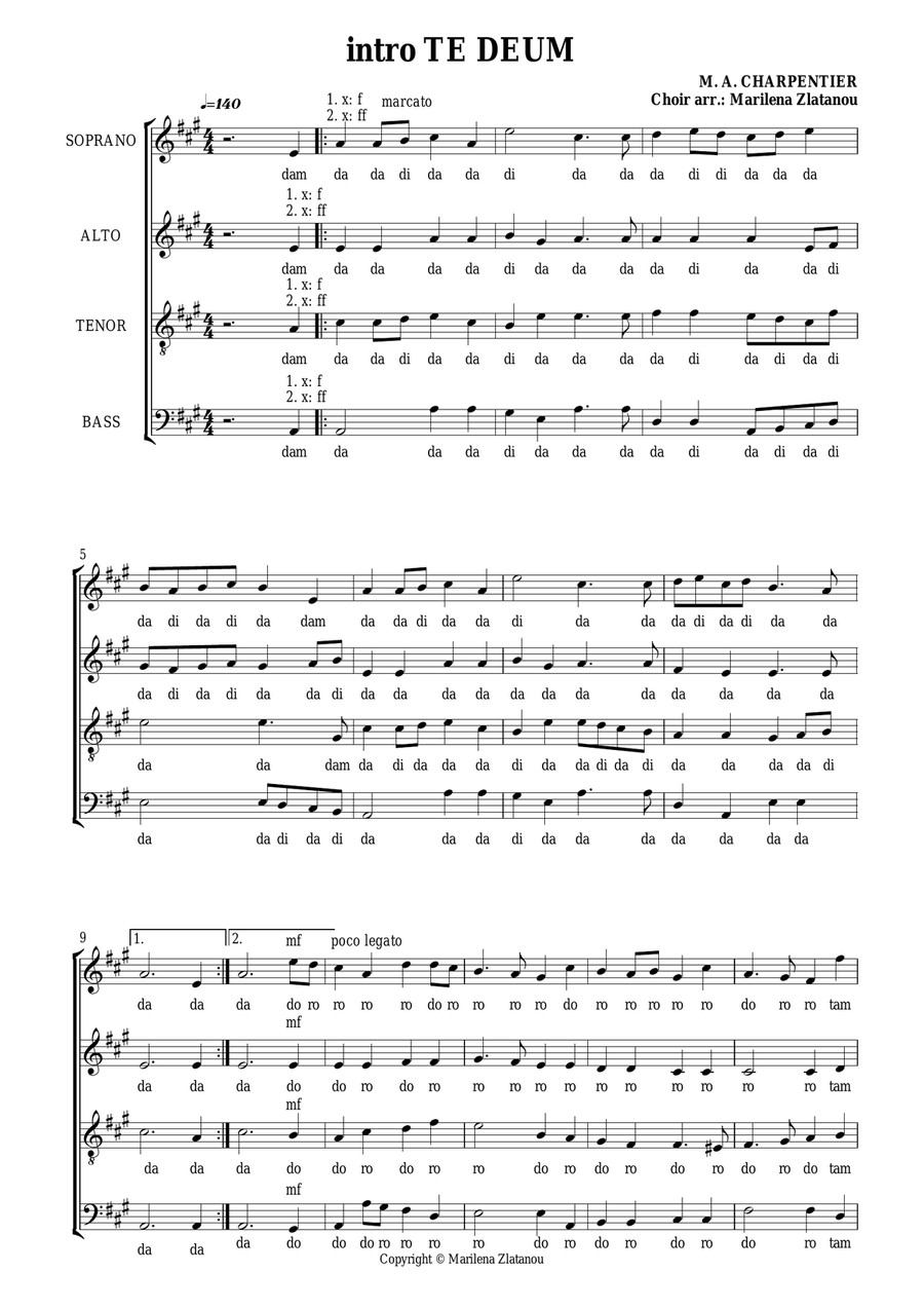M. A. Charpentier, intro TE DEUM, for SATB choir a cappella 4-Part scores gallery preview page 1