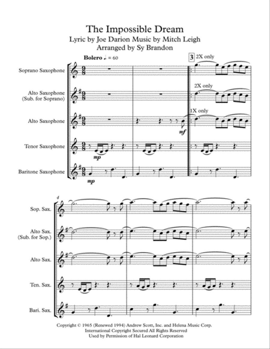 The Impossible Dream Saxophone Quartet scores gallery preview page 1
