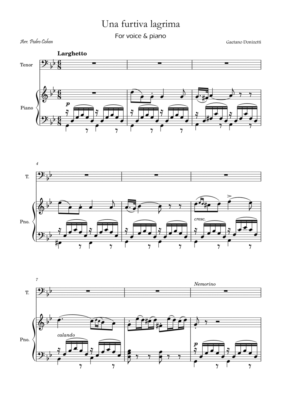 Una Furtiva Lagrima (Tenor in Gm) Piano, Vocal, Guitar scores gallery preview page 1