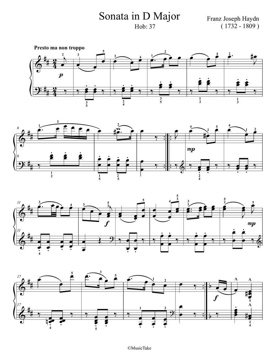Haydn Sonata in D Major, Hob;37, finale Easy Piano scores gallery preview page 1