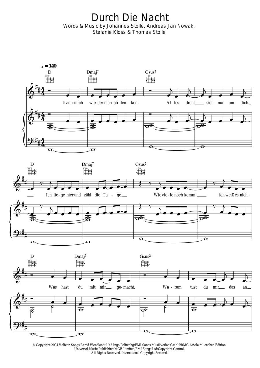 Durch Die Nacht Piano, Vocal scores gallery preview page 1