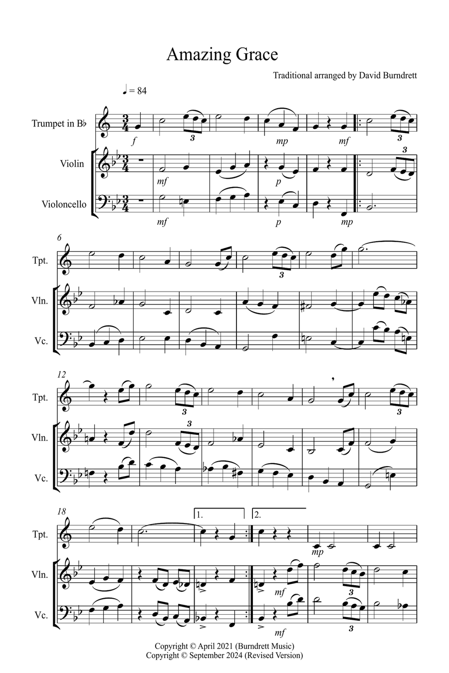 Amazing Grace for Trumpet, Violin and Cello Trio Small Ensemble scores gallery preview page 1