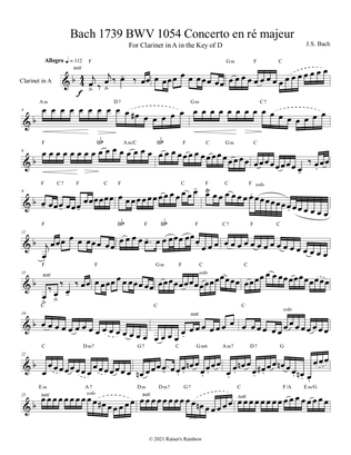 Bach 1739 BWV 1054 Concerto en ré majeur For Solo Unaccompanied A Clarinet Key of D