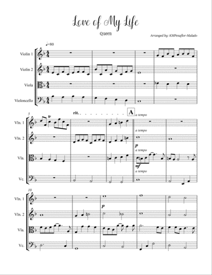 Love Of My Life String Quartet scores gallery preview page 1
