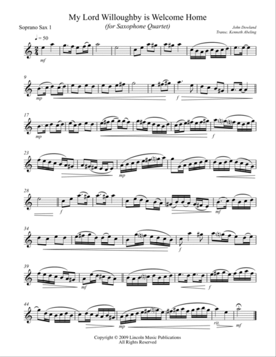 My Lord Willoughby is Welcome Home (for Saxophone Quartet SATB or AATB) Saxophone Quartet scores gallery preview page 5