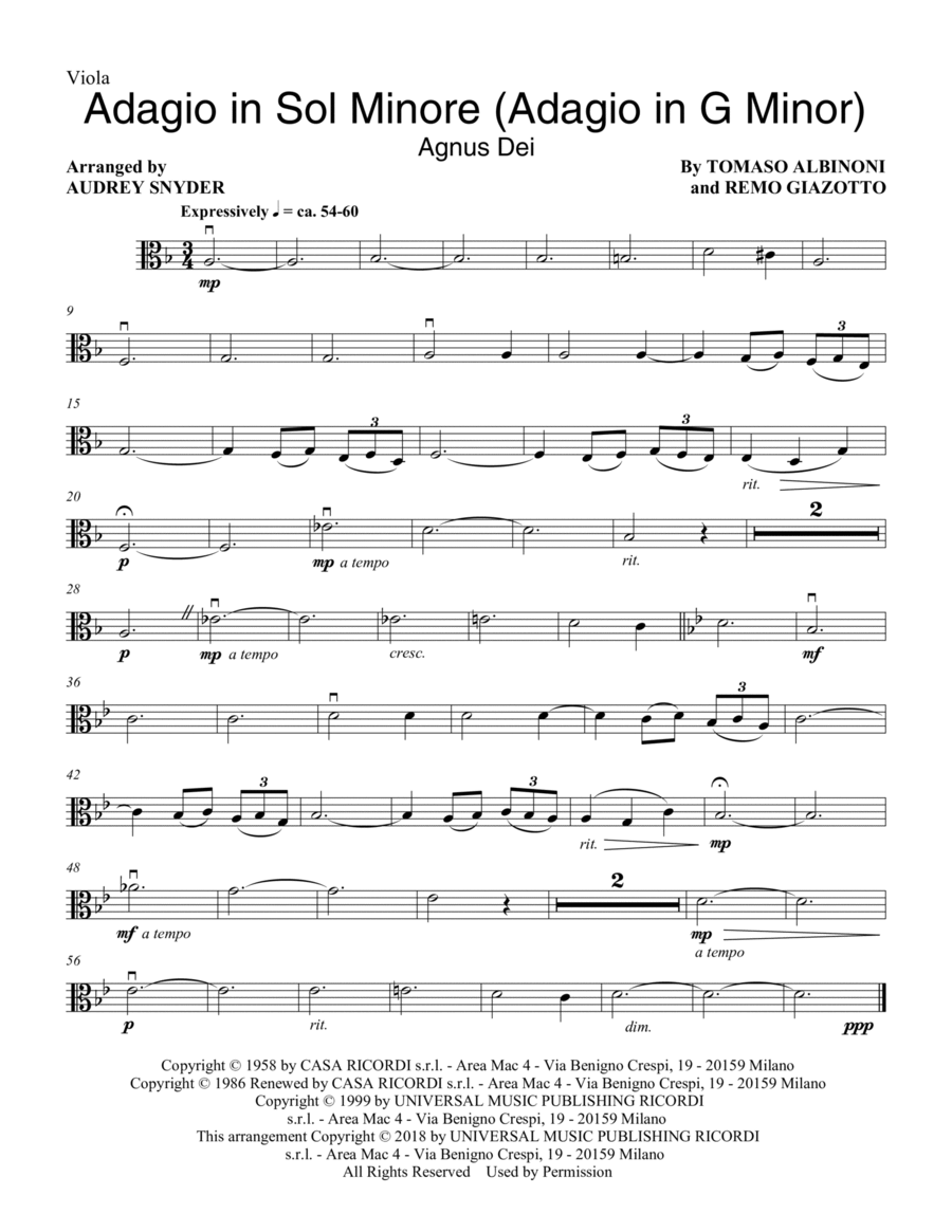 Adagio In Sol Minore (Adagio in G Minor) (arr. Audrey Snyder) - Viola