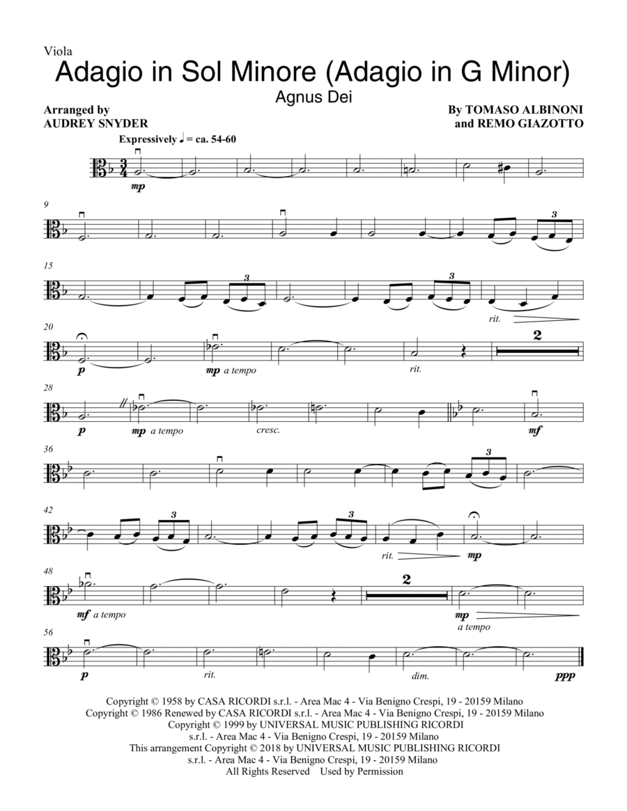 Adagio In Sol Minore (Adagio in G Minor) (arr. Audrey Snyder) - Viola Choir scores gallery preview page 1