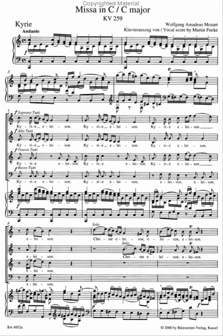 Missa C major, KV 259 'Organ Solo Mass' 4-Part scores gallery preview page 2