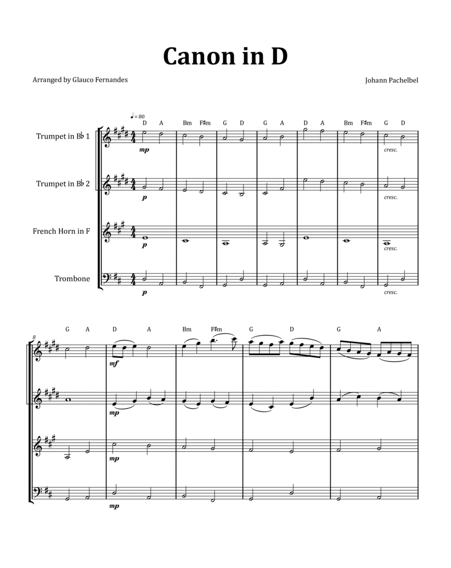 Canon by Pachelbel - Brass Quartet with Chord Notation image number null