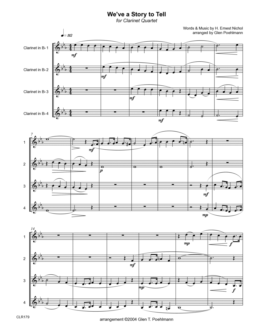WE'VE A STORY TO TELL TO THE NATIONS - CLARINET QUARTET (unaccompanied) Clarinet Quartet scores gallery preview page 1