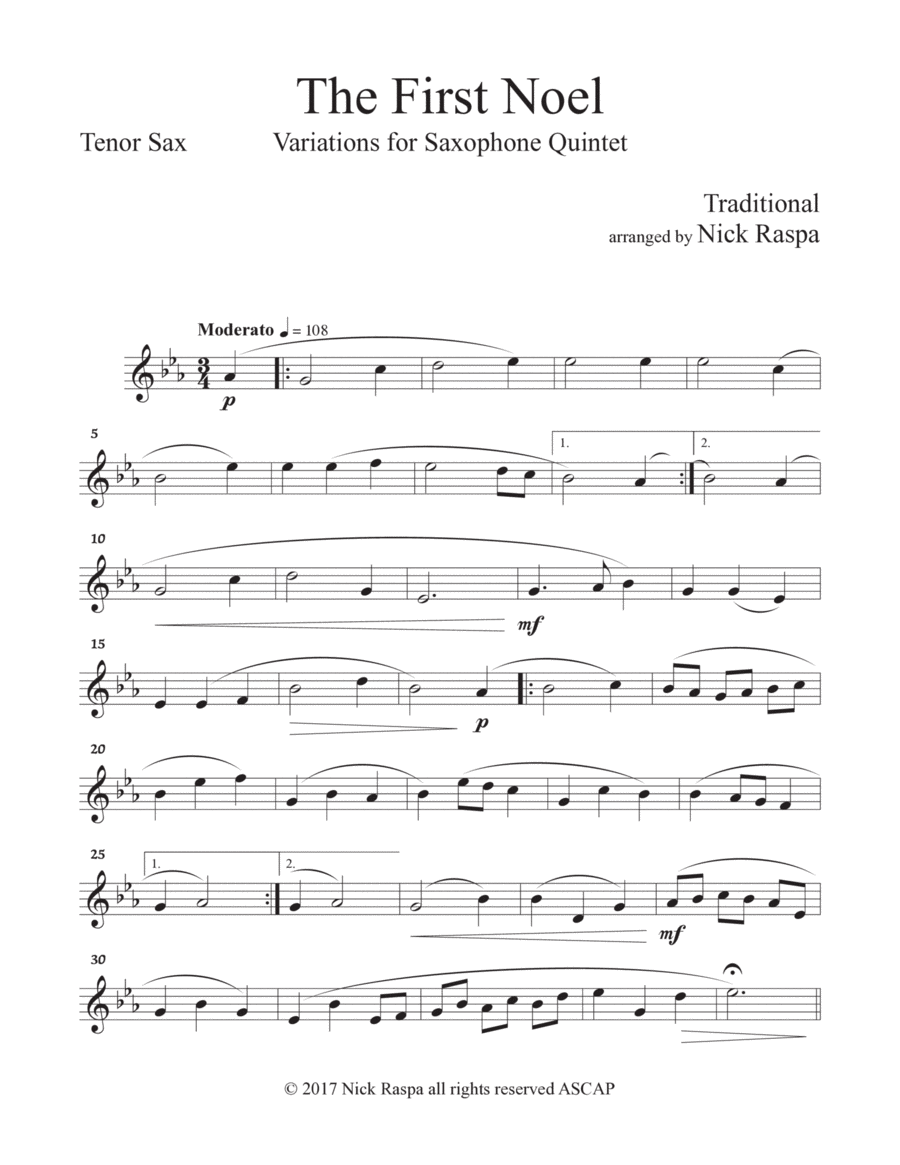 The First Noel - Variations for Sax Quintet (SAATB) Tenor Sax part image number null