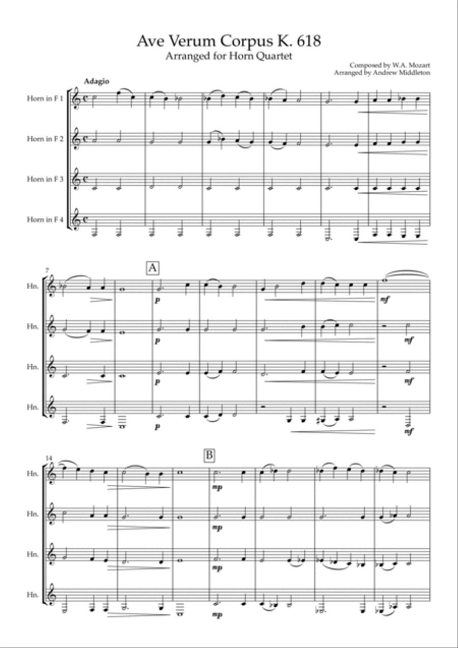 Ave Verum Corpus K. 618 arranged for Horn Quartet French Horn Quartet scores gallery preview page 3