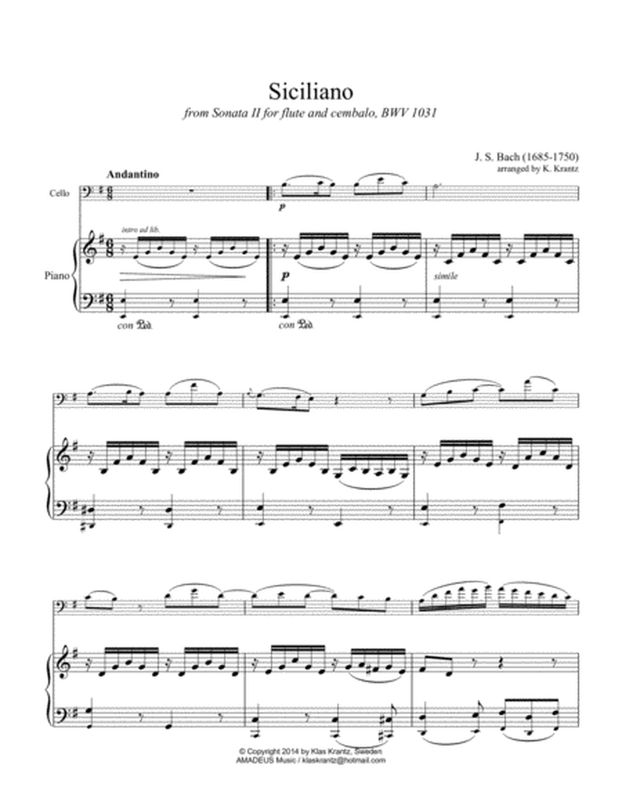Siciliano BWV 1031 (E Minor) for cello and easy piano image number null