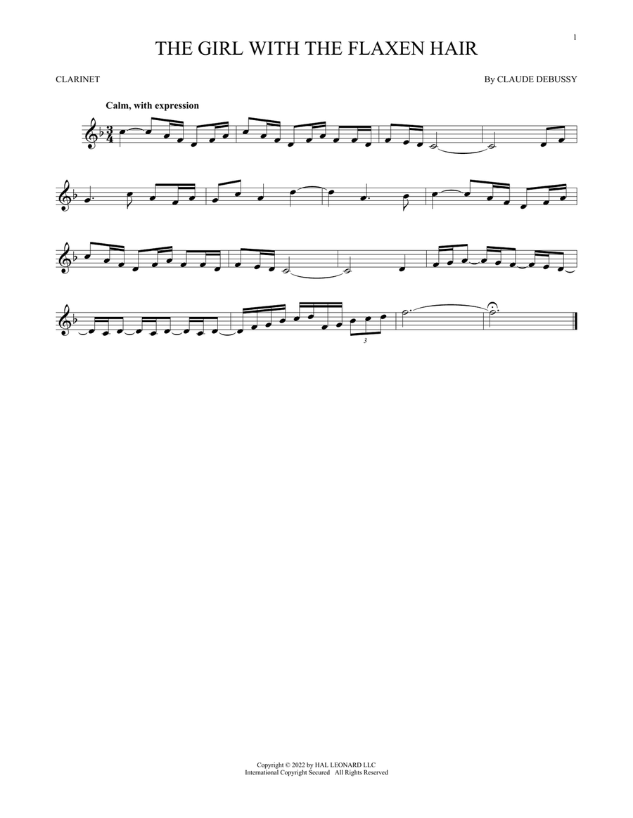 La Fille Aux Cheveux De Lin (The Girl With The Flaxen Hair) Clarinet Solo scores gallery preview page 1