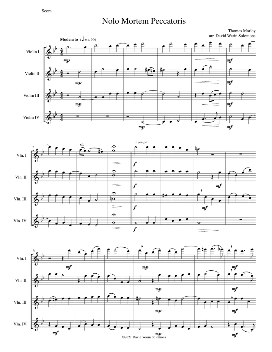 Nolo mortem peccatoris (I do not wish a sinner to die) for 4 violins Violin Solo scores gallery preview page 1
