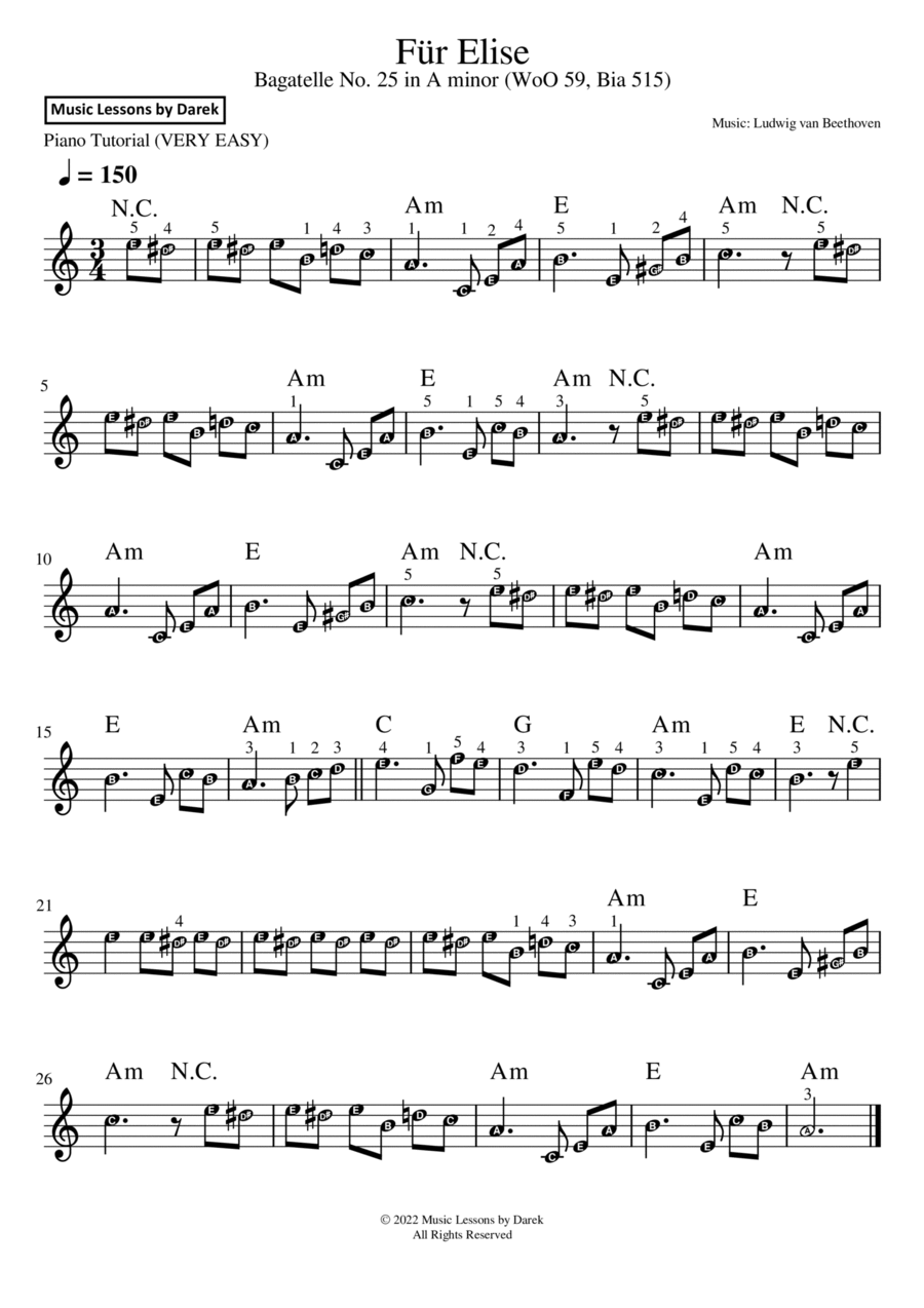 Für Elise (VERY EASY PIANO) Bagatelle No. 25 in A minor (WoO 59, Bia 515) [Ludwig van Beethoven] Easy Piano scores gallery preview page 1