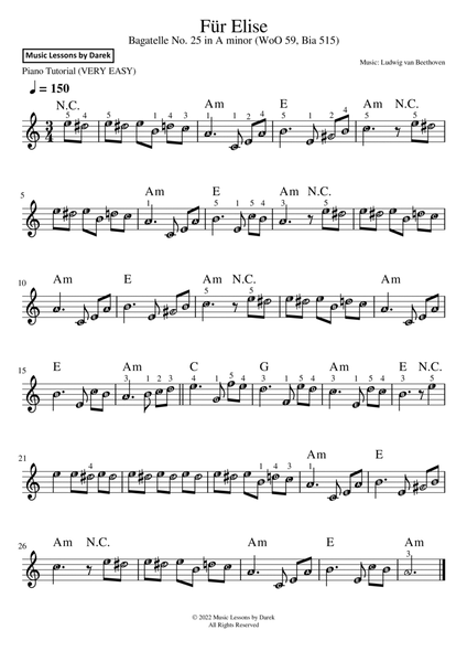 Für Elise (VERY EASY PIANO) Bagatelle No. 25 in A minor (WoO 59, Bia 515) [Ludwig van Beethoven] image number null