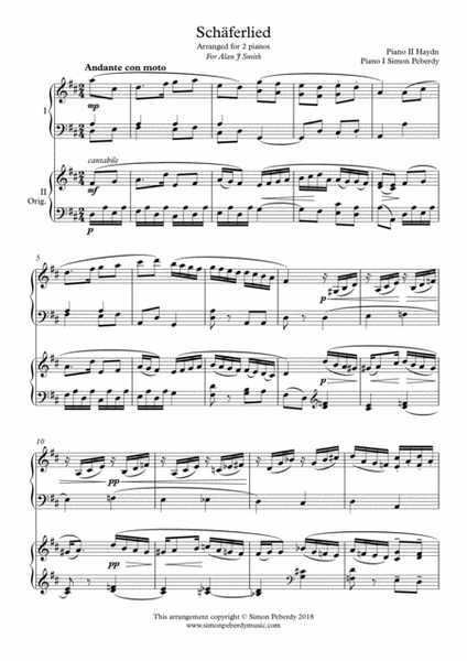 Schäferlied by Haydn for 2 pianos (additional piano part by Simon Peberdy). Easy music for 2 pianos image number null