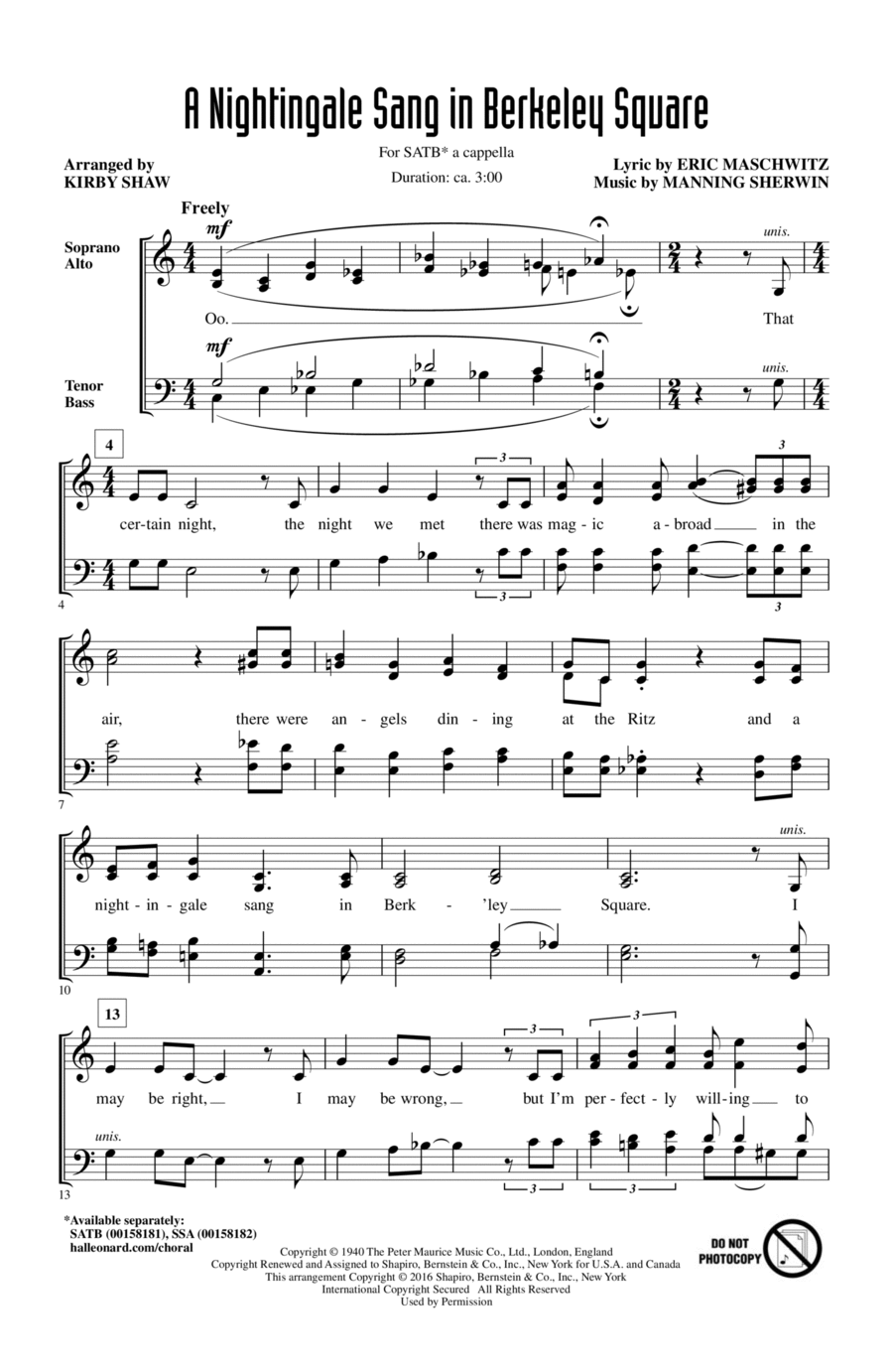 A Nightingale Sang In Berkeley Square 4-Part scores gallery preview page 1