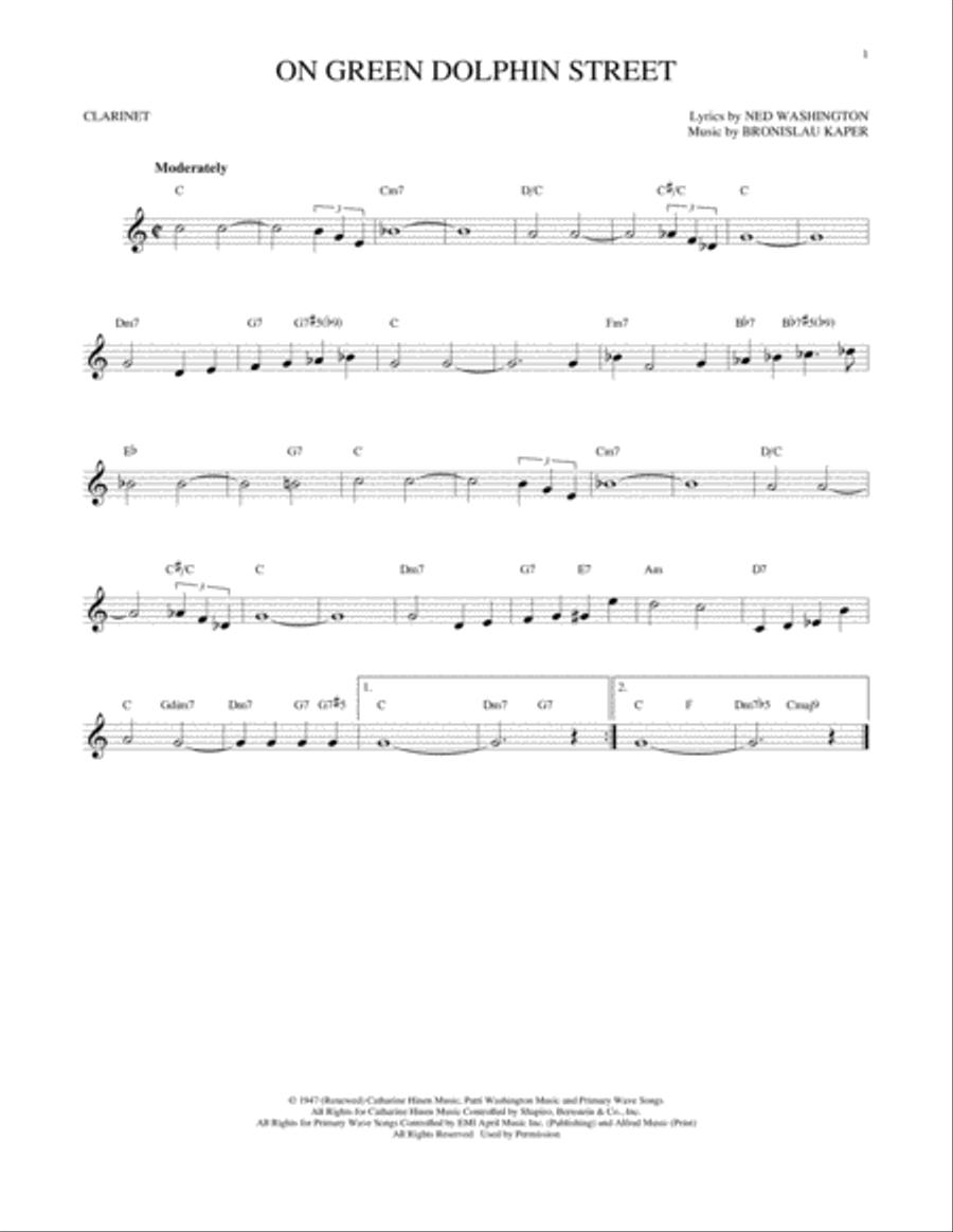 On Green Dolphin Street Clarinet Solo scores gallery preview page 1