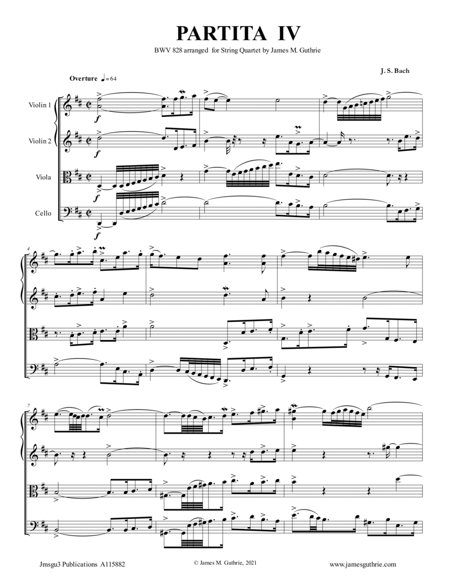 BACH: Partita No. 4 BWV 828 for String Quartet image number null