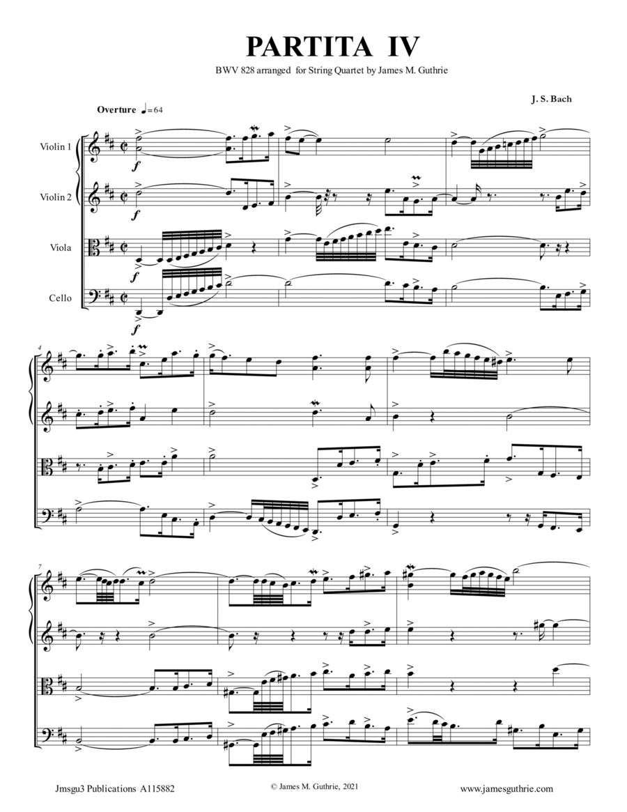 BACH: Partita No. 4 BWV 828 for String Quartet String Quartet scores gallery preview page 1