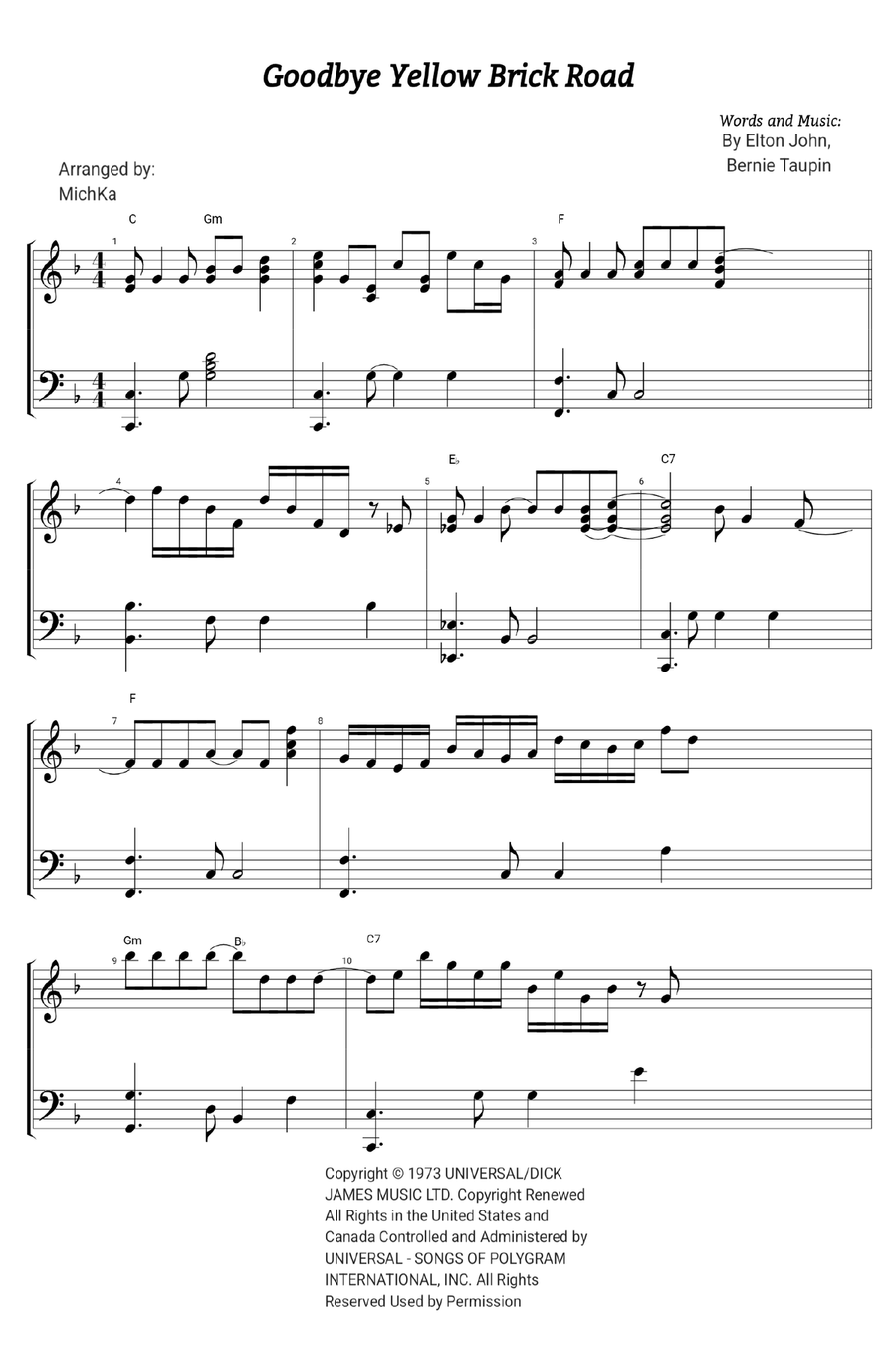 Goodbye Yellow Brick Road Piano Solo scores gallery preview page 1