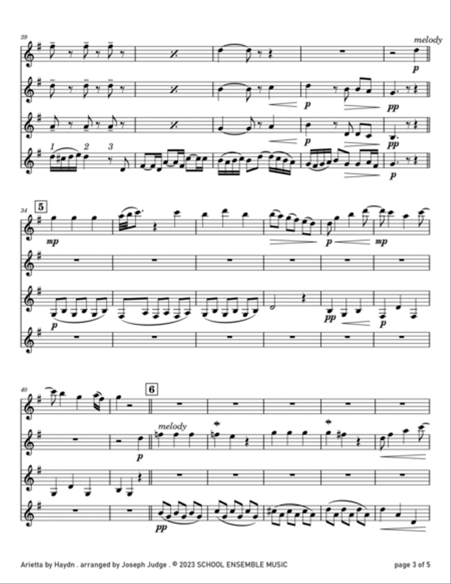 Arietta by Haydn for Clarinet Quartet in Schools Clarinet Quartet scores gallery preview page 3
