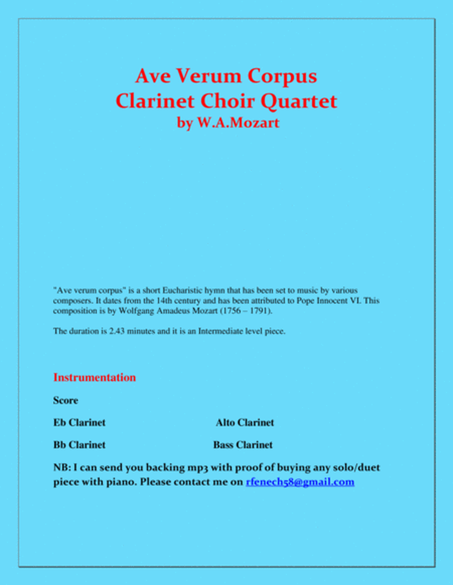 Ave Verum Corpus - Mozart - Clarinet Choir Quartet - (Eb; Bb, Alto & Bass Clarinets) - Intermediate image number null