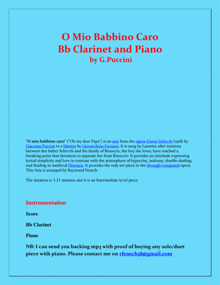 O Mio Babbino Caro - G.Puccini - Bb Clarinet and Piano image number null