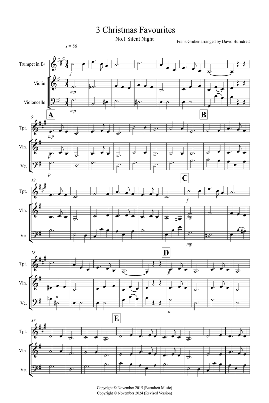 3 Christmas Favourites for Trumpet, Violin and Cello Trio Small Ensemble scores gallery preview page 1