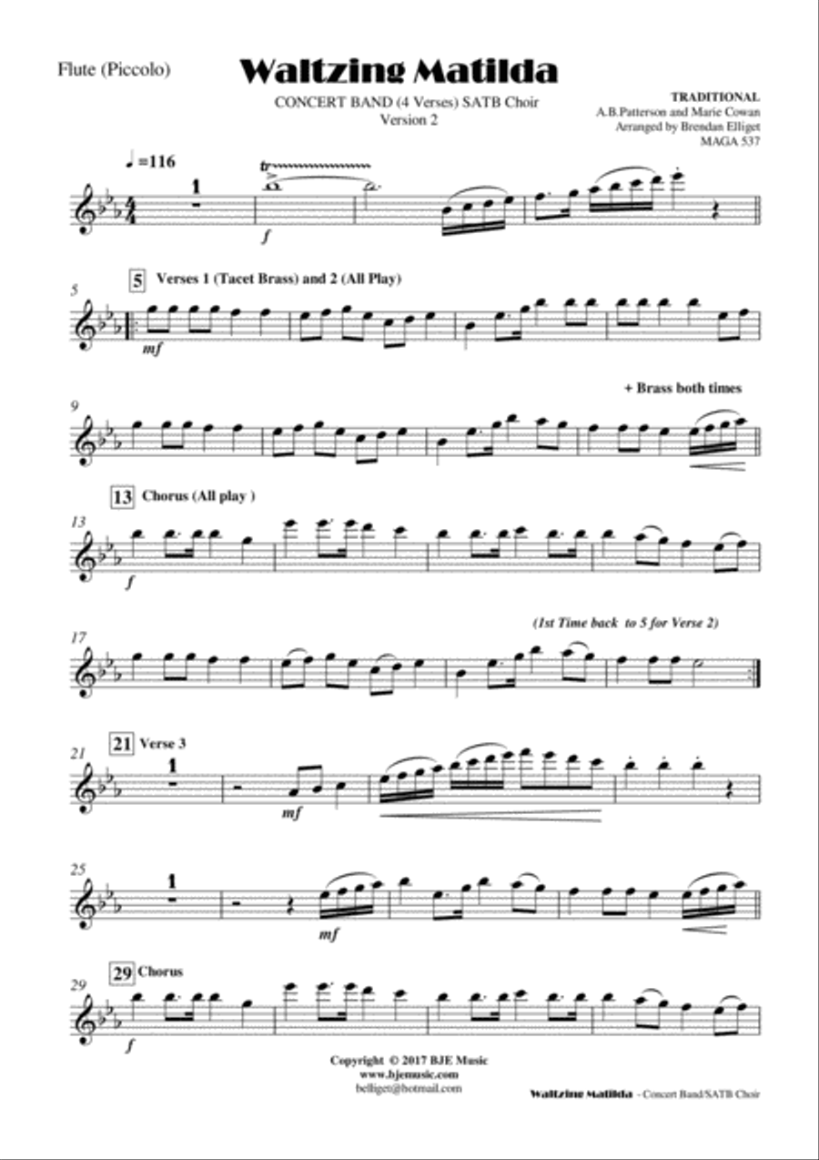 Waltzing Matilda - Concert Band with SATB Choir 4-Part scores gallery preview page 2