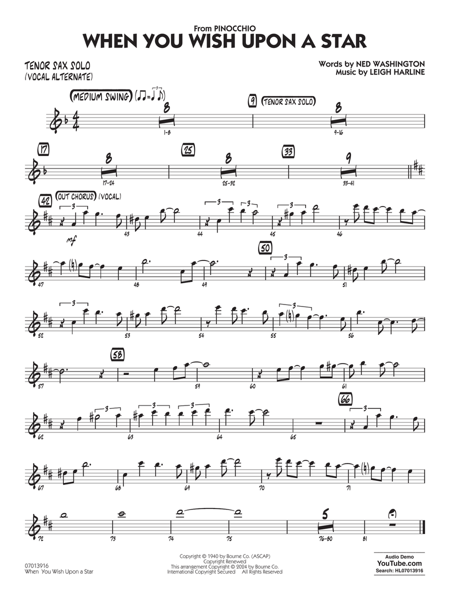 When You Wish Upon A Star (Key: C) (arr. Chuck Israels) - Tenor Sax Solo (Vocal Alt)