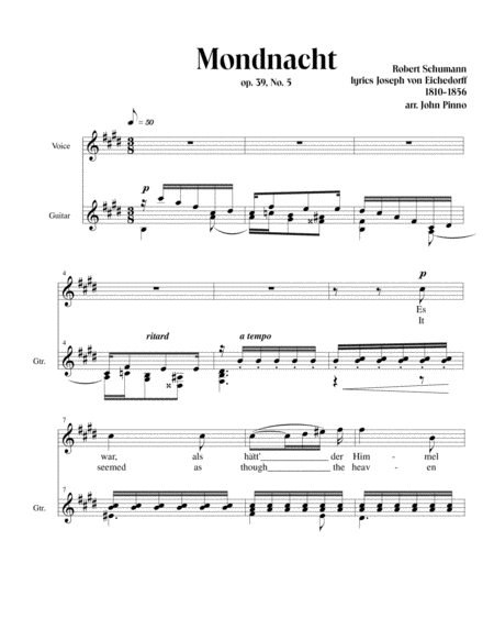 Mondnacht (Robert Schumann) for soprano (or mezzo-soprano, tenor, baritone) and classical guitar