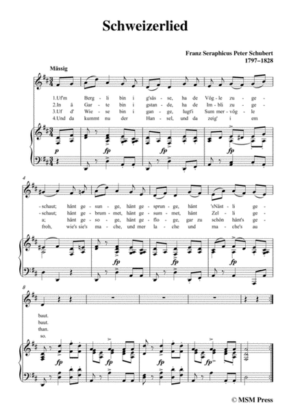 Schubert-Schweizerlied,in D Major,for Voice&Piano image number null