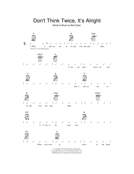Don't Think Twice, It's All Right Sheet Music, Bob Dylan
