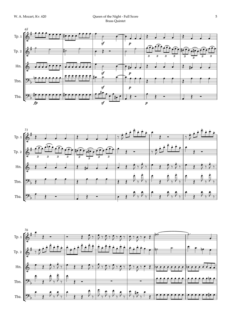 Queen of the Night Aria by Mozart for Brass Quintet Brass Quintet scores gallery preview page 5
