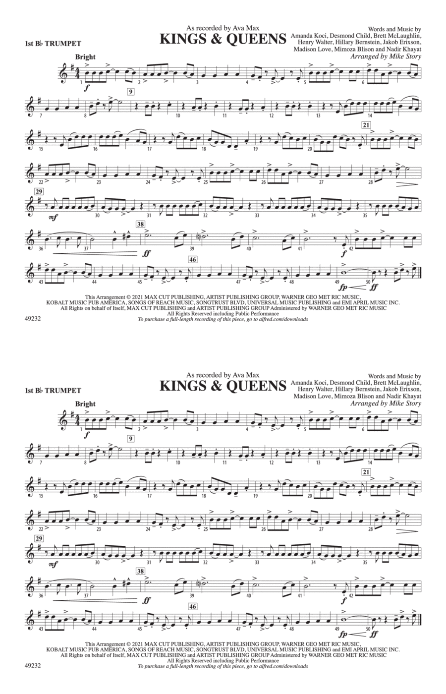 Kings & Queens: 1st B-flat Trumpet Marching Band scores gallery preview page 1