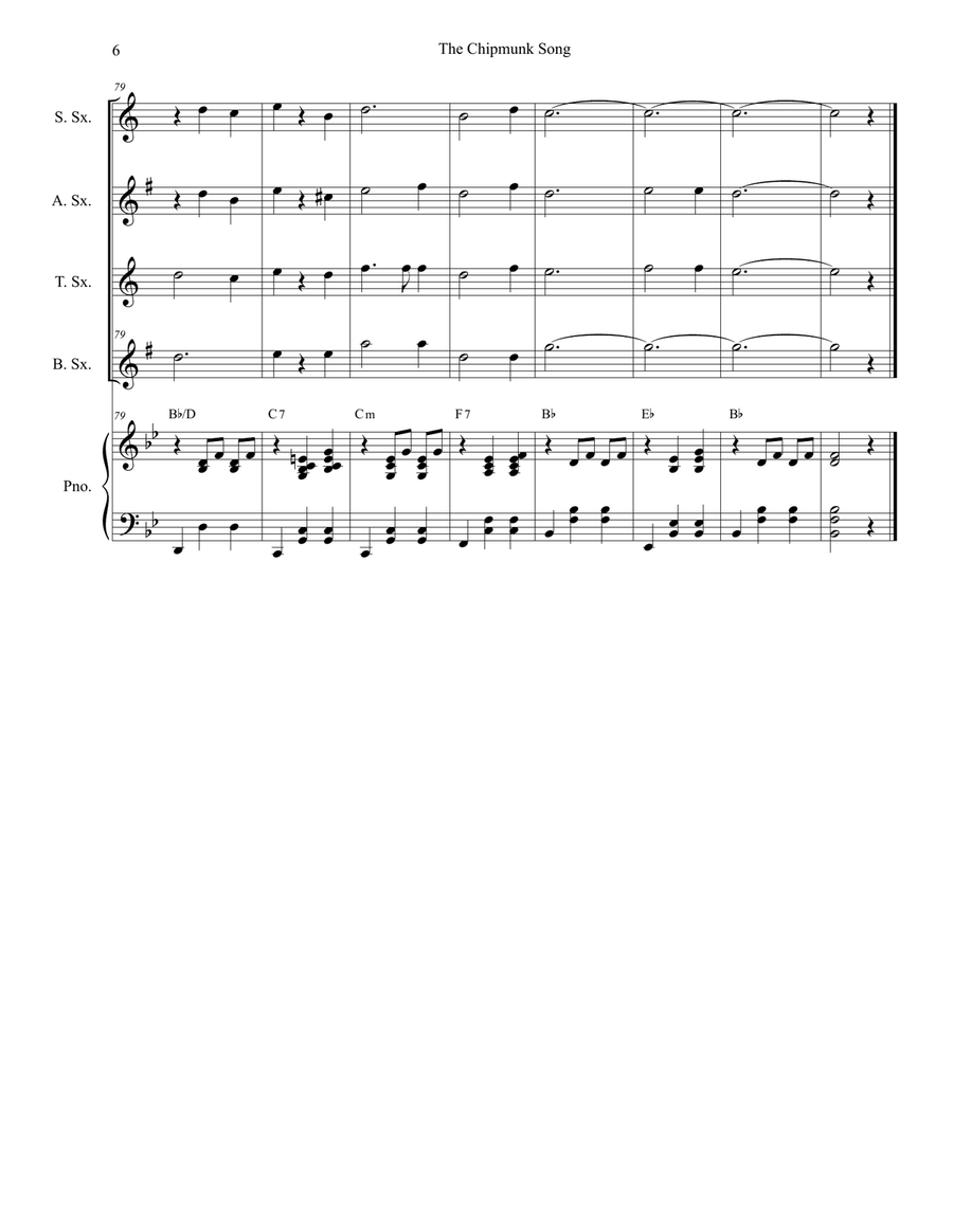 The Chipmunk Song Saxophone Quartet scores gallery preview page 6