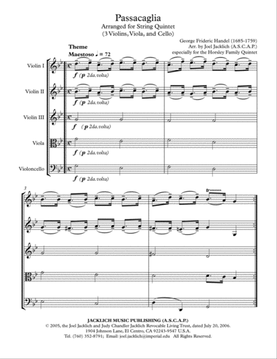 Passacaglia in g minor for String Quintet (3 Violins, Viola, and Cello) String Quintet scores gallery preview page 1
