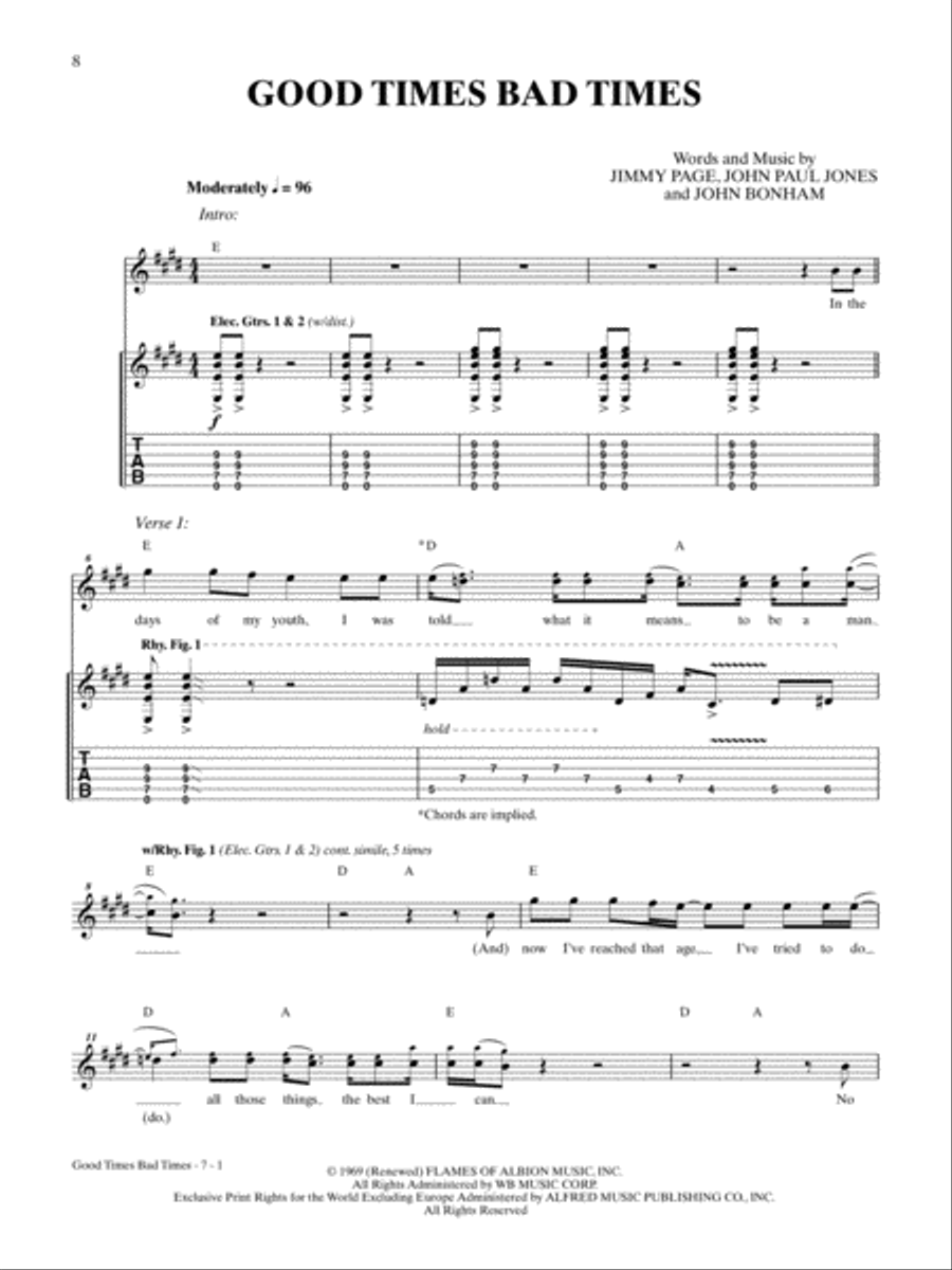 Good Times, Bad Times Guitar Tablature scores gallery preview page 1