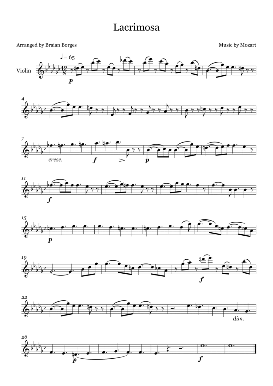 Lacrimosa in Gb Major - For Violin Violin Solo scores gallery preview page 1