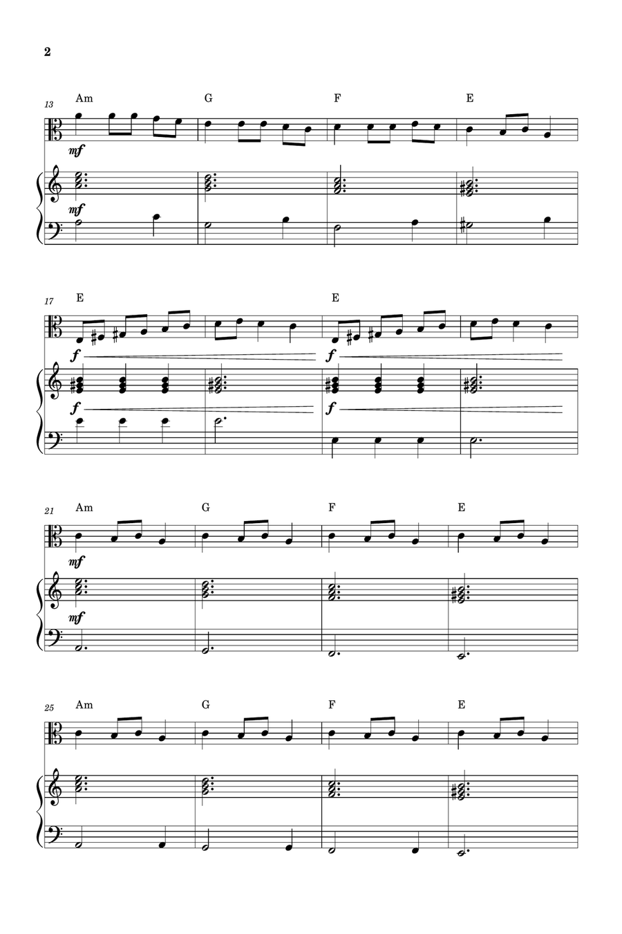 Carol of the Bells for Viola and Piano (Very Easy - Beginner) in A minor - With Chords Piano scores gallery preview page 2