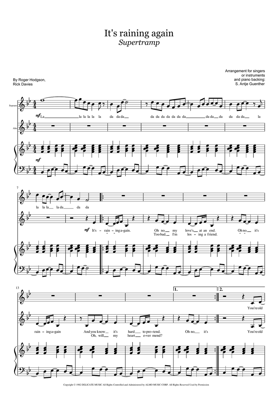 It's Raining Again Piano, Vocal scores gallery preview page 1