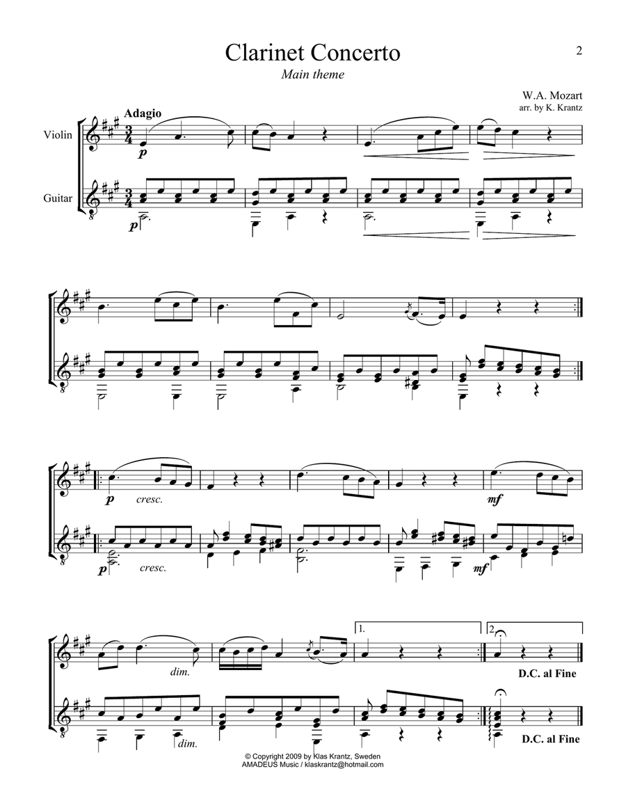 8 short pieces by W.A. Mozart arranged for violin and guitar String Duet scores gallery preview page 3