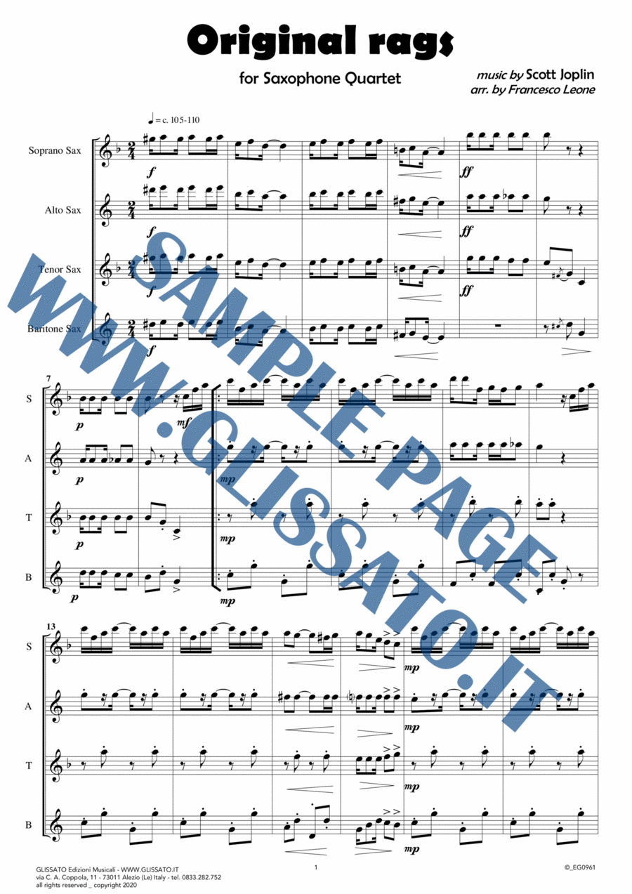 Book cover for Saxophone Quartet score & parts: Original Rags