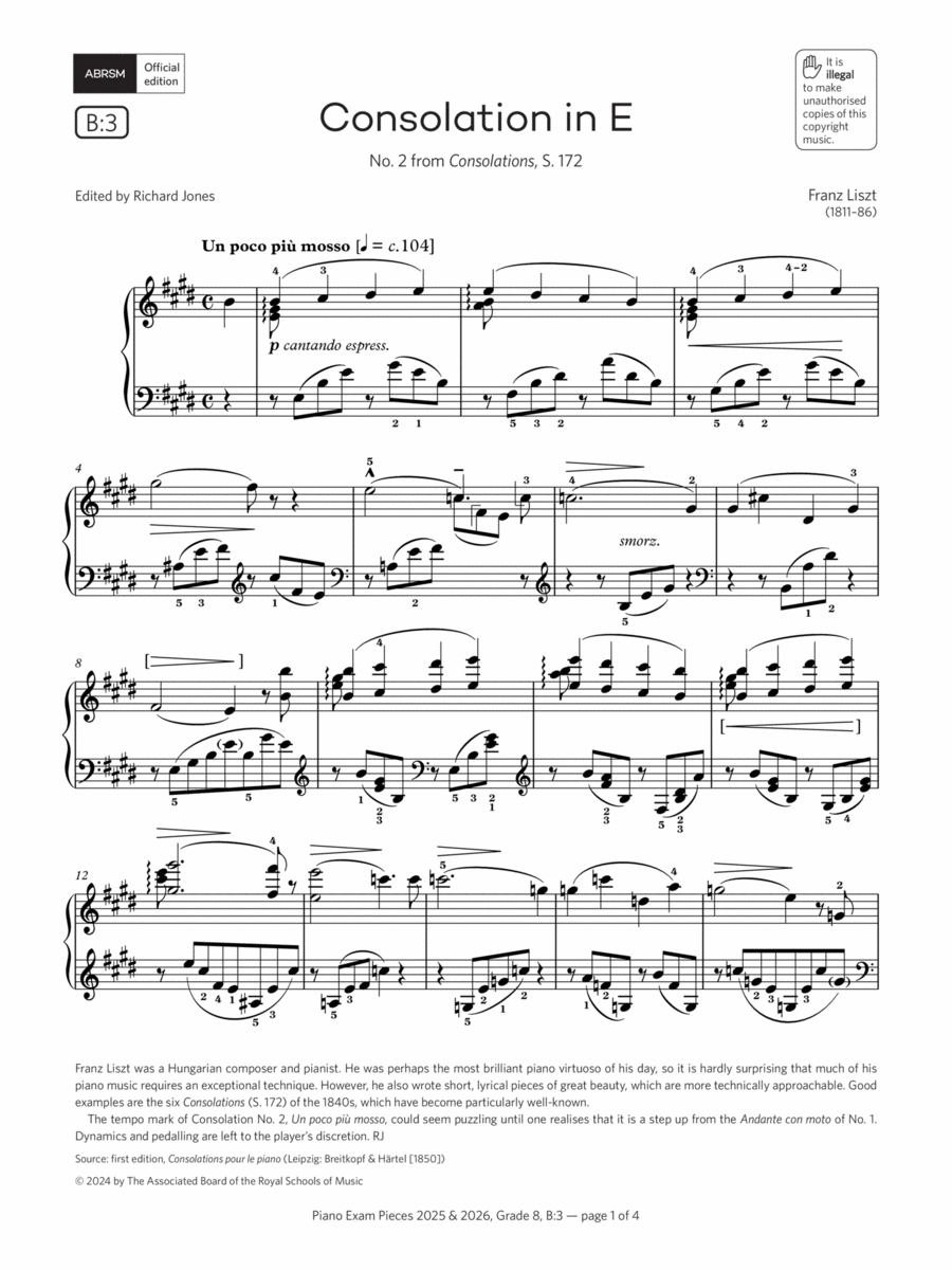 Consolation in E (Grade 8, list B3, from the ABRSM Piano Syllabus 2025 & 2026) Piano Method scores gallery preview page 1