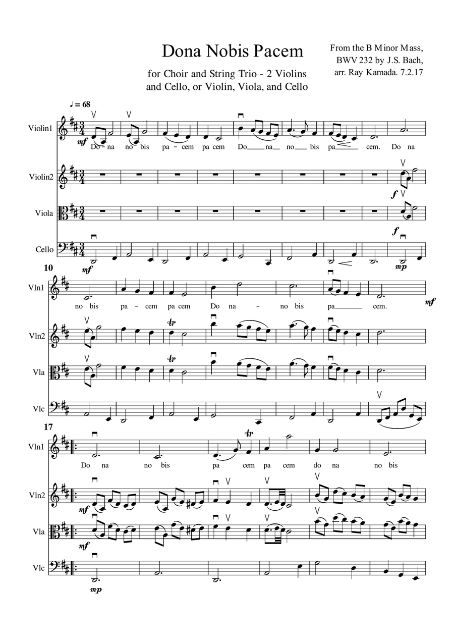 Dona Nobis Pachem for 2 Violins or Violin Viola and Cello with Lyrics by Johann Sebastian Bach String Trio Digital Sheet Music Sheet Music Plus